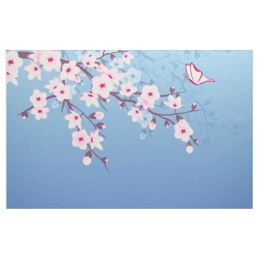 Floral Cherry Blossoms Pink Blue Fabric