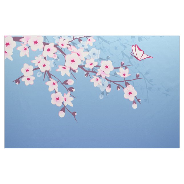 Floral Cherry Blossoms Pink Blue Fabric (Yard)