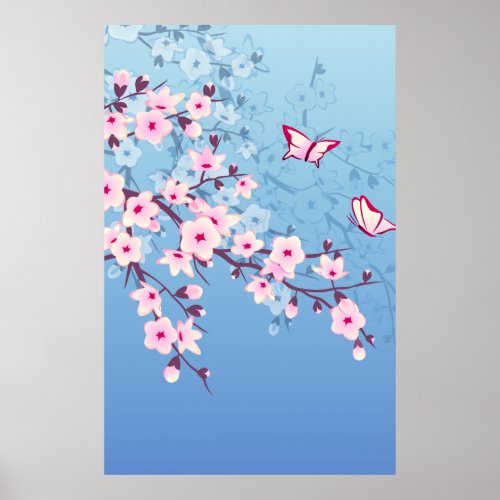 Floral Cherry Blossoms Pink Blue Poster