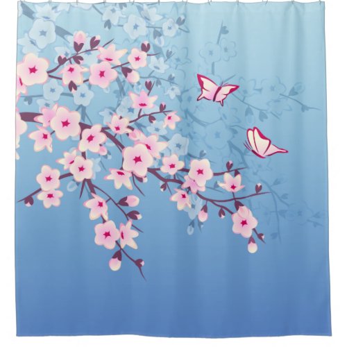 Floral Cherry Blossoms Pink Blue Shower Curtain