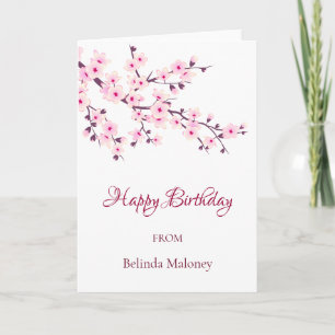 Floral Cherry Blossoms Pink Custom Birthday Card