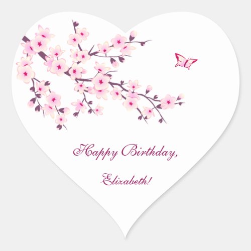 Floral Cherry Blossoms Pink  Custom Birthday Heart Sticker