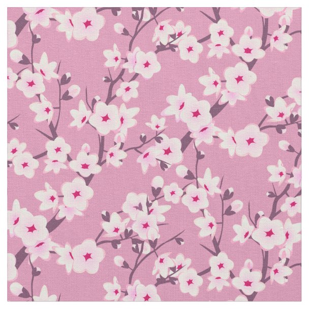 Floral Cherry Blossoms Pink Sky Blue Fabric | Zazzle