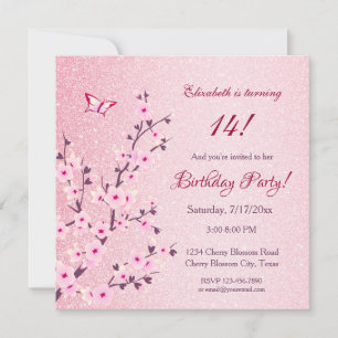 Floral Cherry Blossoms Pink Glitter Birthday Invitation