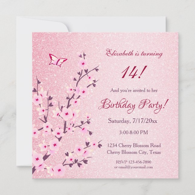 Floral Cherry Blossoms Pink Glitter Birthday  Invitation (Front)