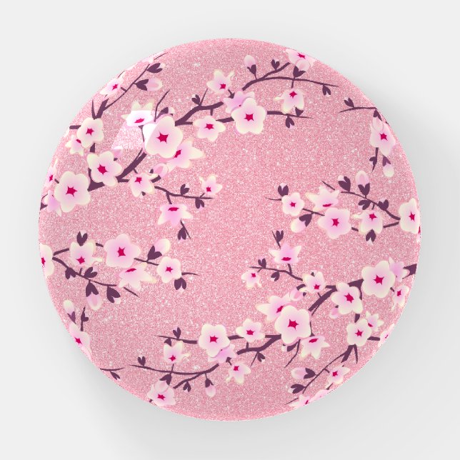 Floral Cherry Blossoms Pink Glitter Girly  Paperweight (Front)