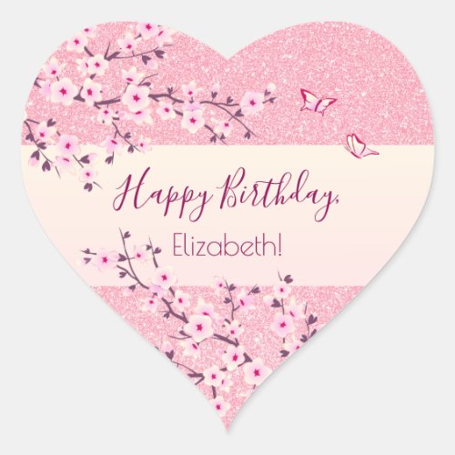 Floral Cherry Blossoms Pink Glitter Heart Sticker