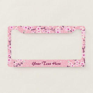 Floral Cherry Blossoms Pink Glitter License Plate Frame