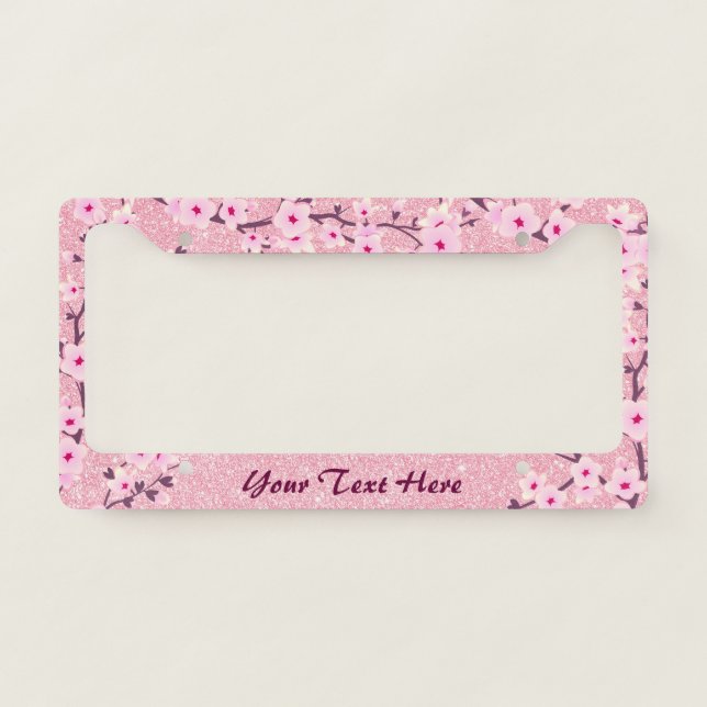 Floral Cherry Blossoms Pink Glitter License Plate Frame (Front)