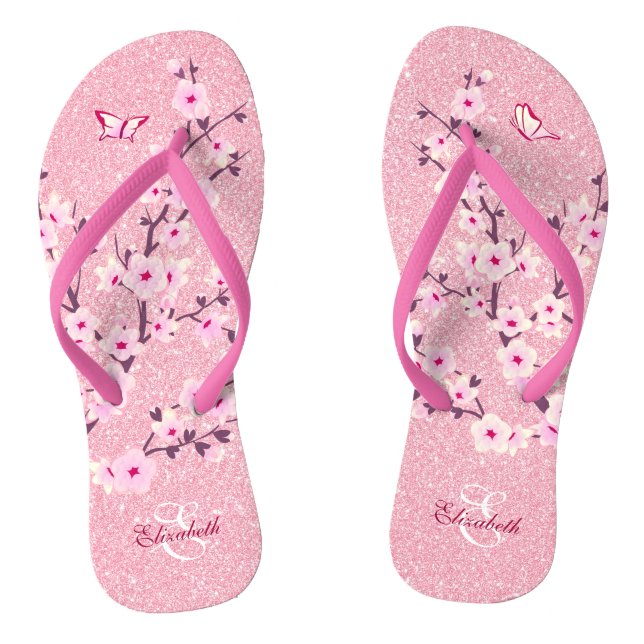 Floral Cherry Blossoms Pink Glitter Name Monogram Flip Flops (Footbed)