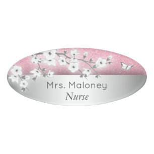 Floral Cherry Blossoms Pink Glitter Silver Name Tag