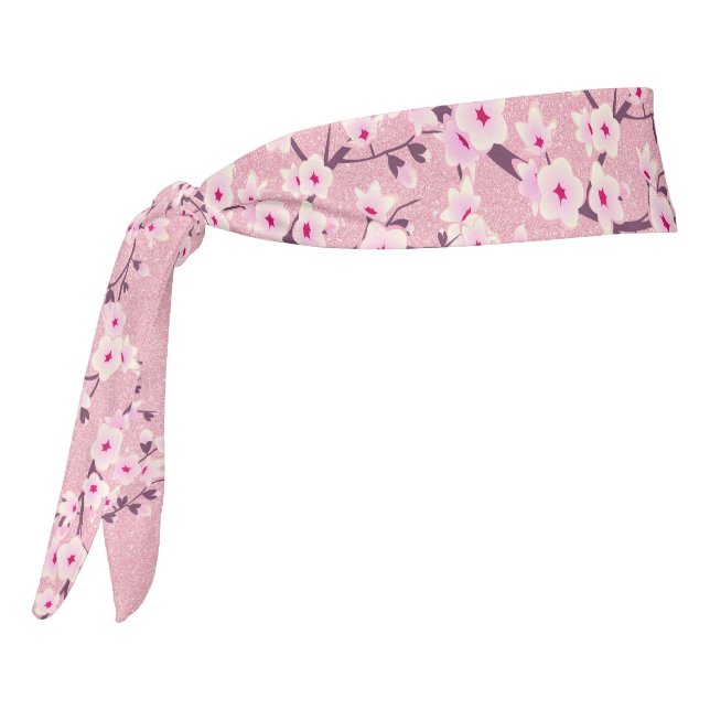 Floral Cherry Blossoms Pink Glitter Tie Headband (Rotate 270)