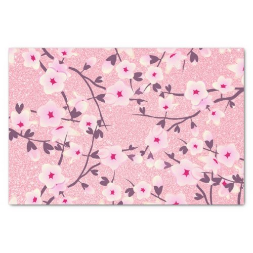 Floral Cherry Blossoms Pink Glitter Tissue Paper