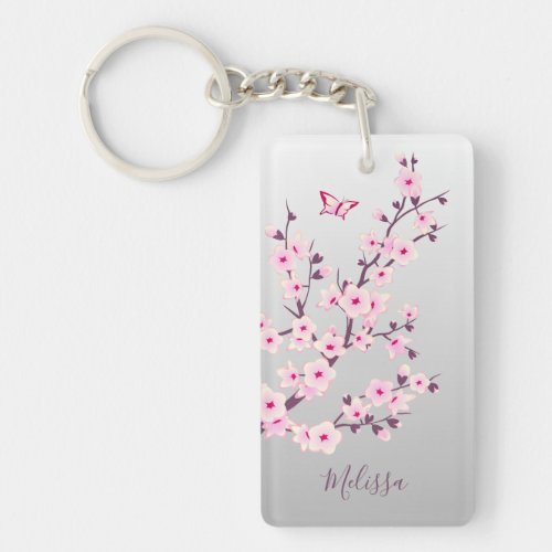 Floral Cherry Blossoms Pink Gray Add Name Keychain