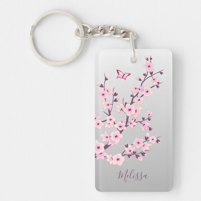 Floral Cherry Blossoms Pink Gray Add Name Keychain (Front)
