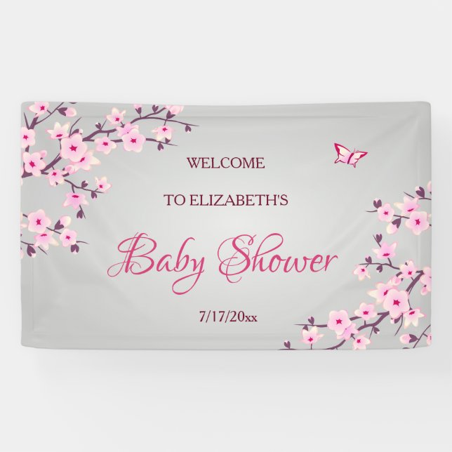Floral Cherry Blossoms Pink Gray Baby Shower Banner (Horizontal)