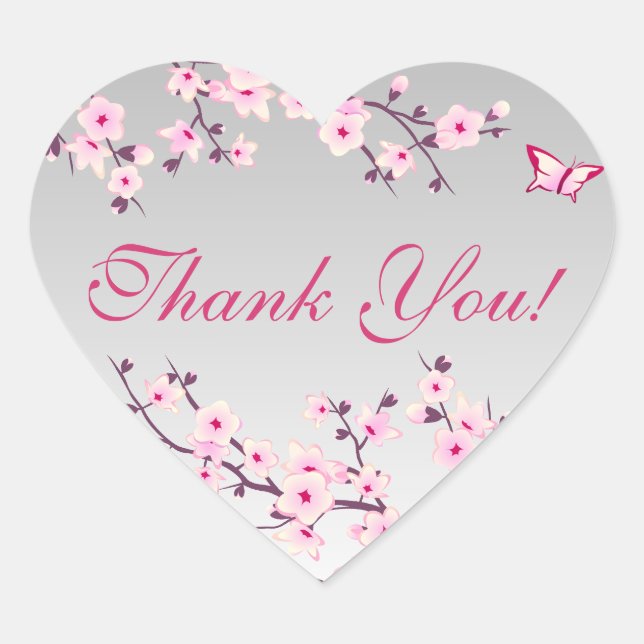 Floral Cherry Blossoms Pink Gray Baby Shower Heart Sticker (Front)