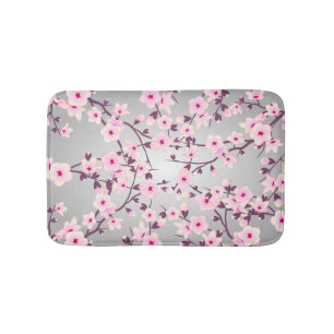 Floral Cherry Blossoms Pink Gray Bath Mat