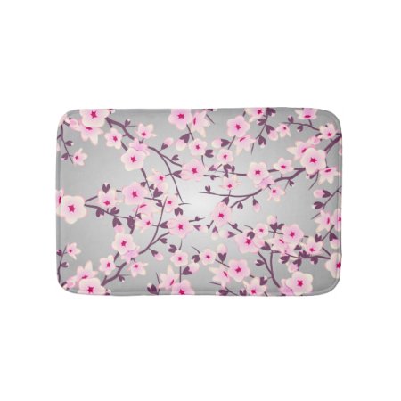 Floral Cherry Blossoms Pink Gray Bath Mat