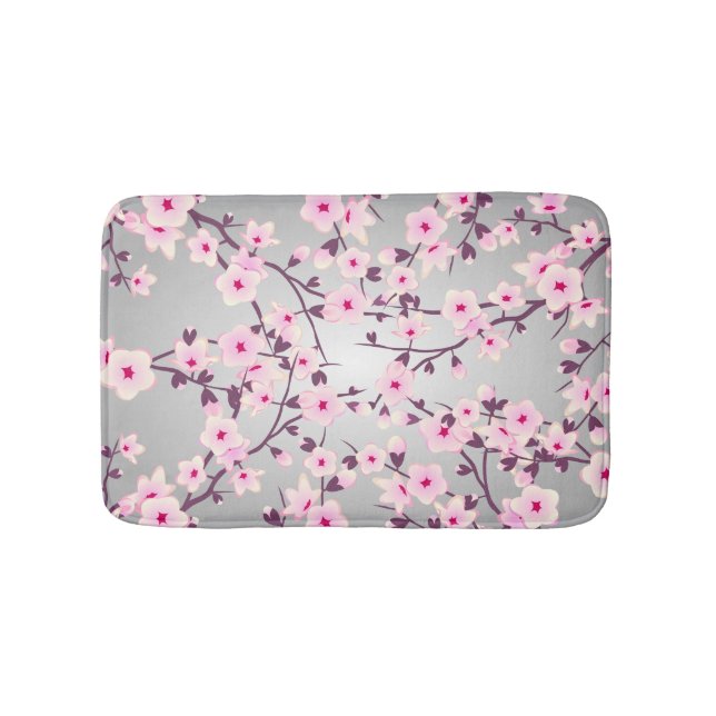 Floral Cherry Blossoms Pink Gray Bath Mat (Front)