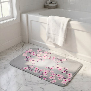 Floral Cherry Blossoms Pink Gray Bath Mat