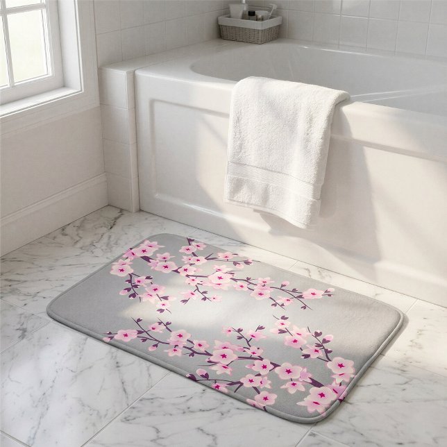Floral Cherry Blossoms Pink Gray Bath Mat (Creator Uploaded)