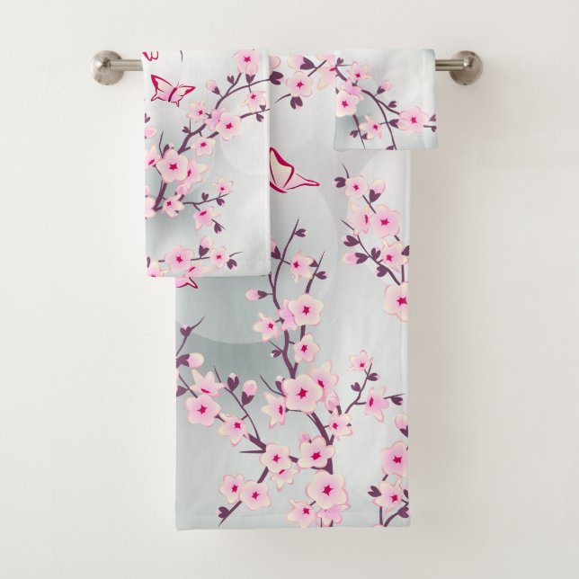 Floral Cherry Blossoms Pink Gray Bath Towel Set (Insitu)