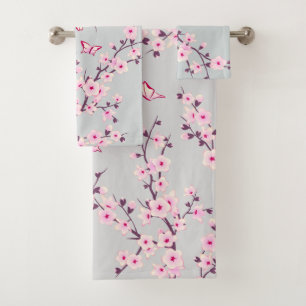 Floral Cherry Blossoms Pink Gray Bath Towel Set