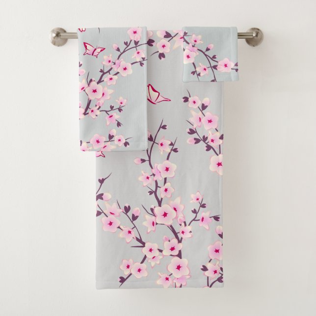 Floral Cherry Blossoms Pink Gray Bath Towel Set (Insitu)