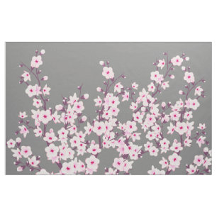 Floral Cherry Blossoms Pink Gray Fabric
