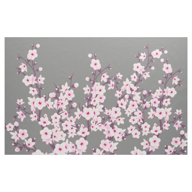 Floral Cherry Blossoms Pink Gray Fabric (Yard)