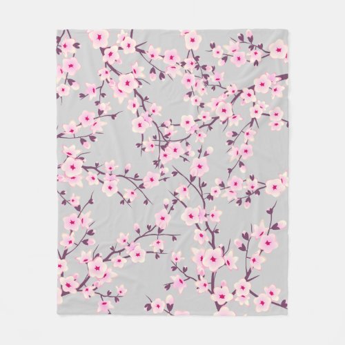 Floral Cherry Blossoms Pink Gray Fleece Blanket