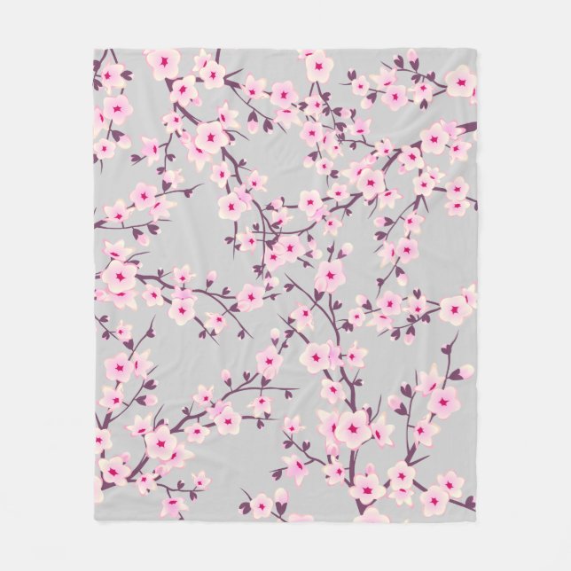 Floral Cherry Blossoms Pink Gray Fleece Blanket (Front)