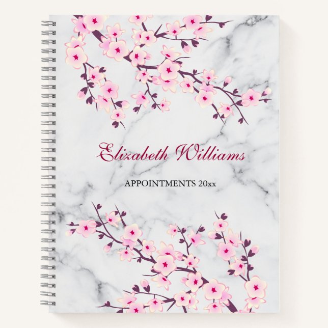 Floral Cherry Blossoms Pink Gray Marble Add Name Notebook (Front)