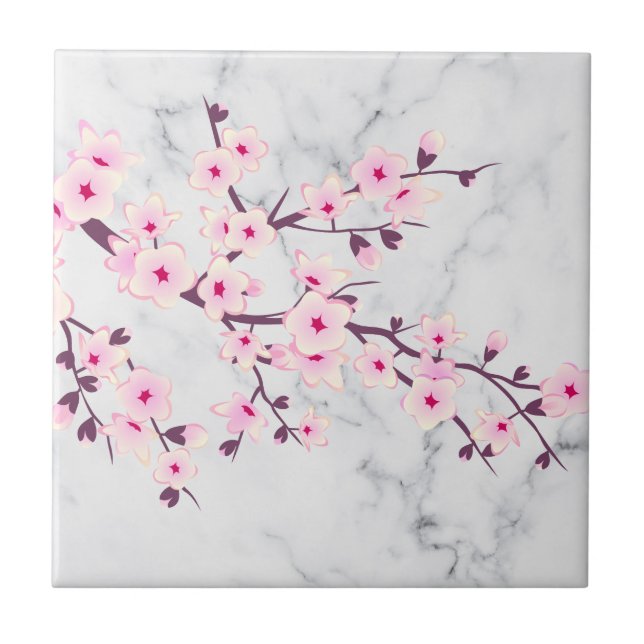 Floral Cherry Blossoms Pink Gray Marble Ceramic Tile (Front)
