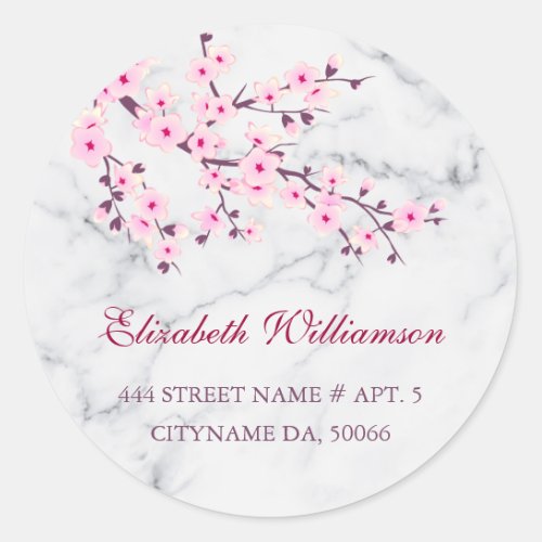 Floral Cherry Blossoms Pink Gray Marble Classic Round Sticker