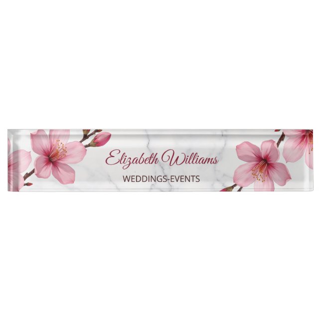 Floral Cherry Blossoms Pink Gray Marble Desk Name Plate (Front)