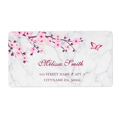 Floral Cherry Blossoms Pink Gray Marble Label