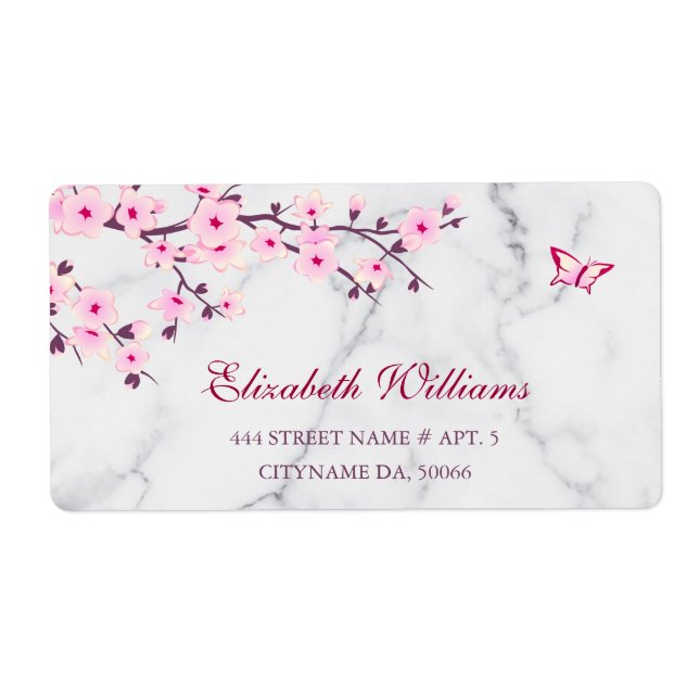 Floral Cherry Blossoms Pink Gray Marble Label (Front)