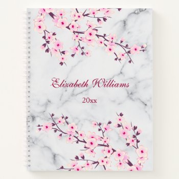 Floral Cherry Blossoms Pink Gray Marble Name Notebook by NinaBaydur at Zazzle