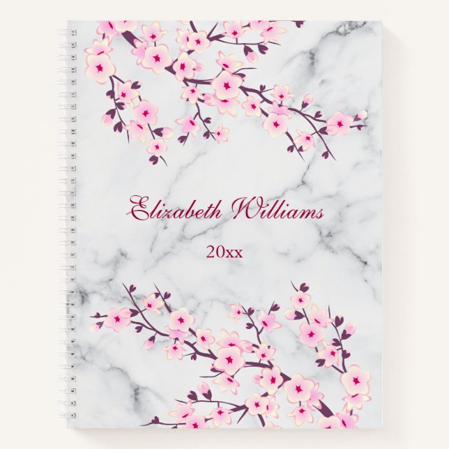 Floral Cherry Blossoms Pink Gray Marble Name Notebook (Front)
