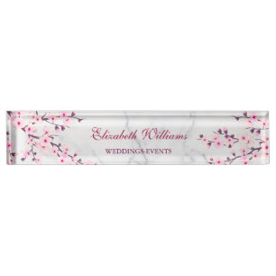 Floral Cherry Blossoms Pink Gray Marble Name Plate