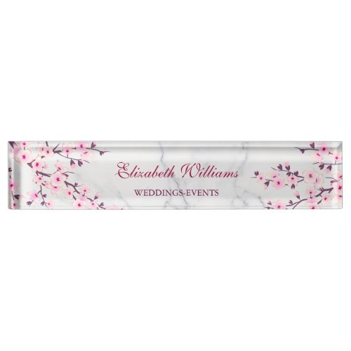 Floral Cherry Blossoms Pink Gray Marble Name Plate