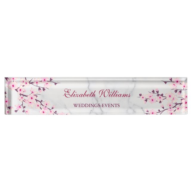 Floral Cherry Blossoms Pink Gray Marble Name Plate (Front)