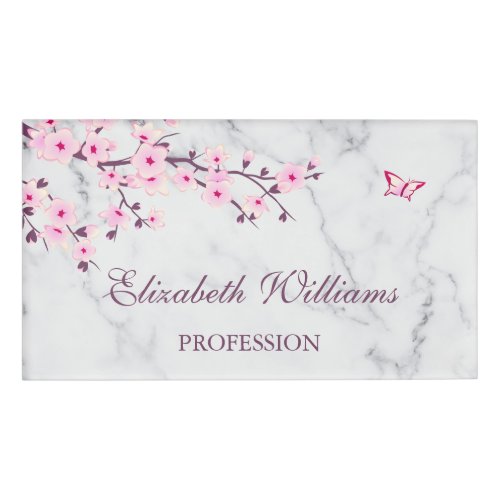 Floral Cherry Blossoms Pink Gray Marble  Name Tag