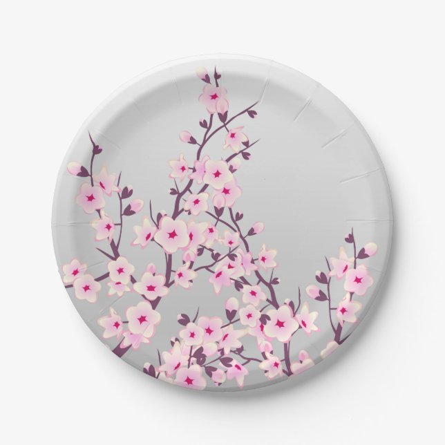 Floral Cherry Blossoms Pink Gray Paper Plates (Front)