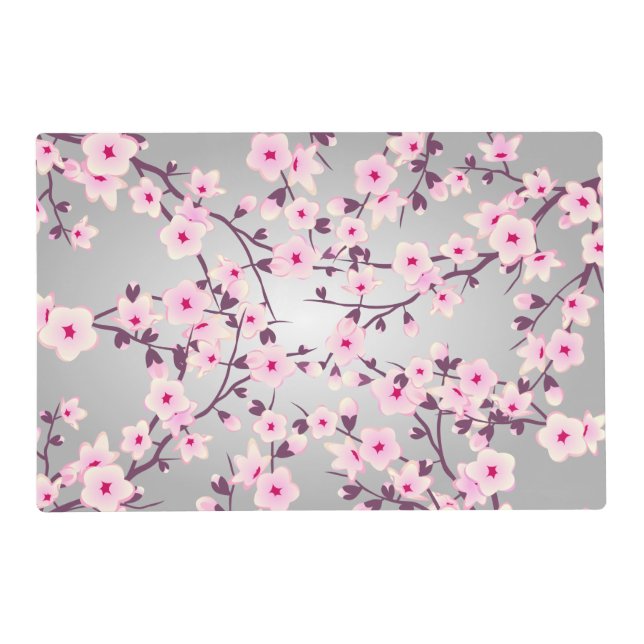 Floral Cherry Blossoms Pink Gray Placemat (Front)