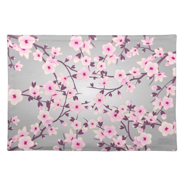 Floral Cherry Blossoms Pink Gray Placemat (Front)