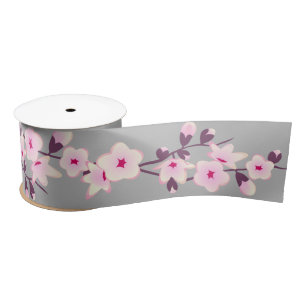 Floral Cherry Blossoms Pink Gray Satin Ribbon
