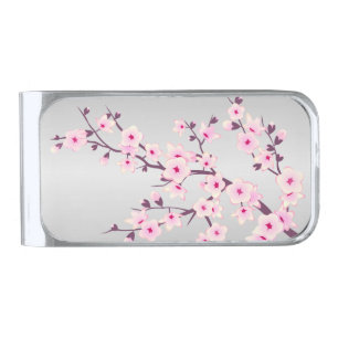 Floral Cherry Blossoms Pink Gray Silver Finish Money Clip